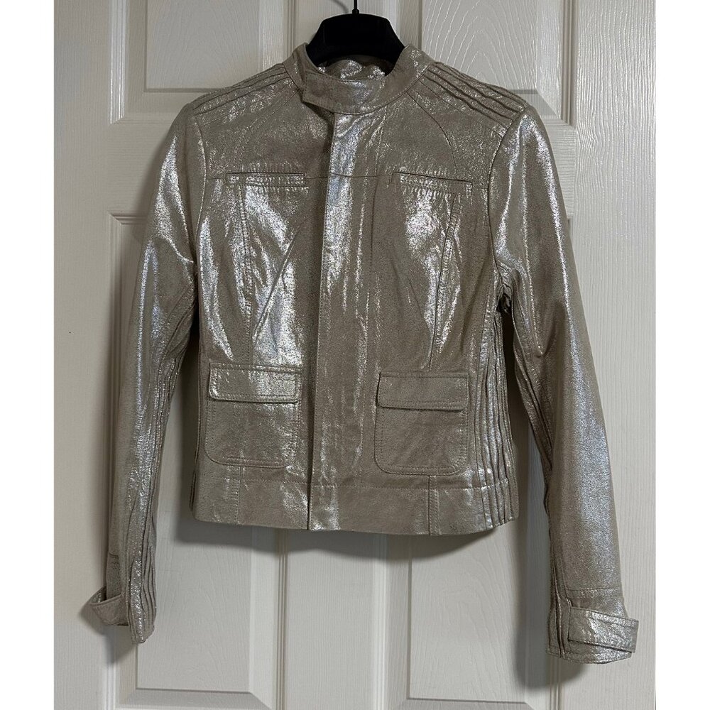 Women’s Bebe Champaign Metallic Leather Moto Jacket Size S